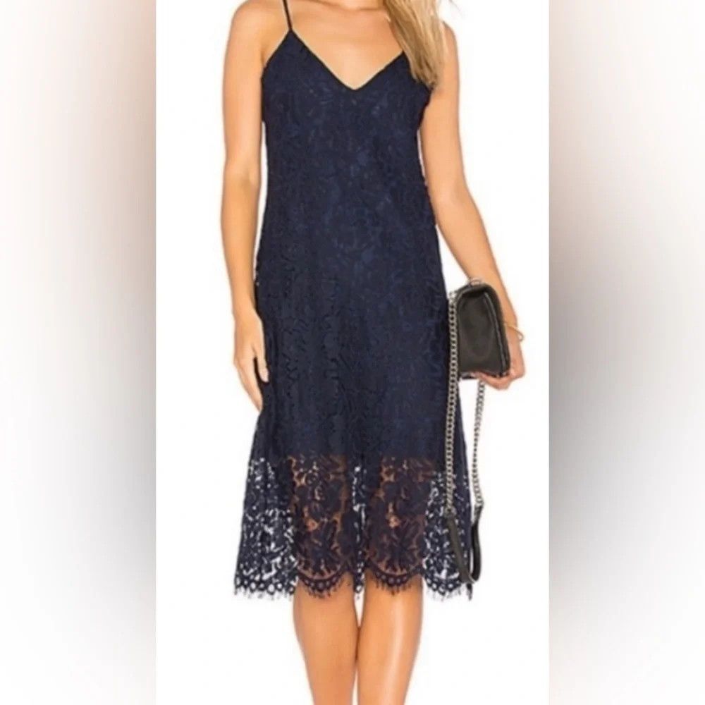 Chasor Dress Womens Small Black Floral Lace Slip Midi V Neck Strappy Party